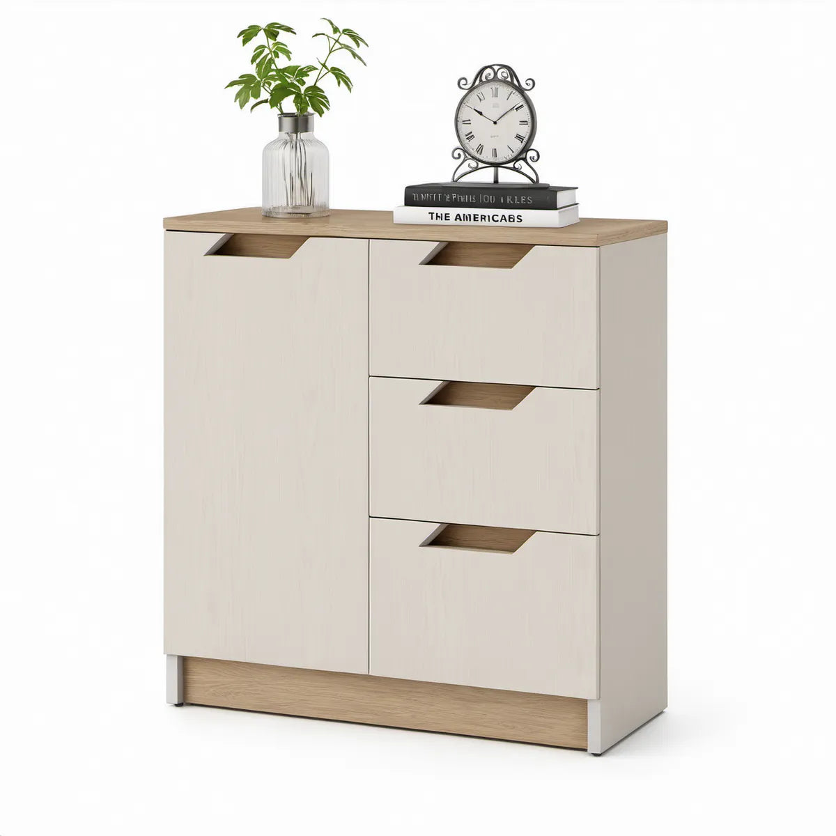 Příborník s 1 dvířky a 3 zásuvkami, krémový a v dekoru přírodního dubu, 100 × 40 × 100 cm
