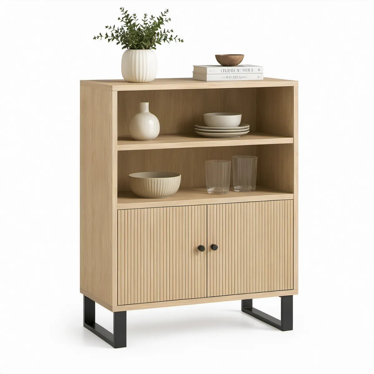 Příborník z MDF a oceli v dekoru přírodního dubu, černé nohy, 80 × 40 × 120 cm