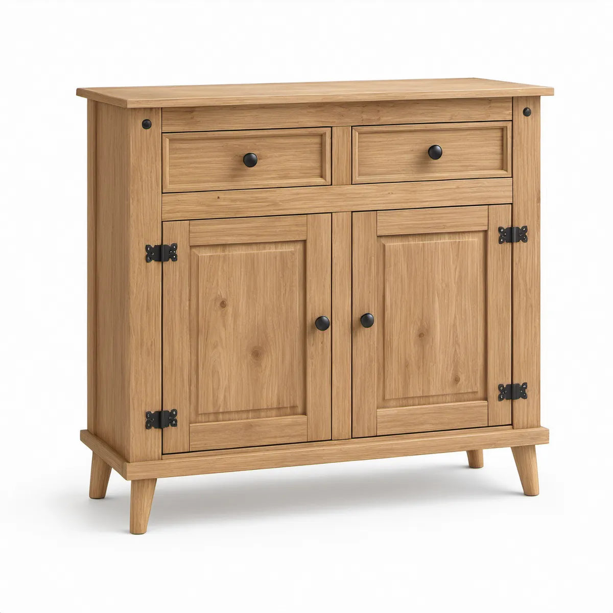 Dubová komoda se 2 zásuvkami a 2 dvířky, přírodní dub/černá, 100 × 40 × 100 cm